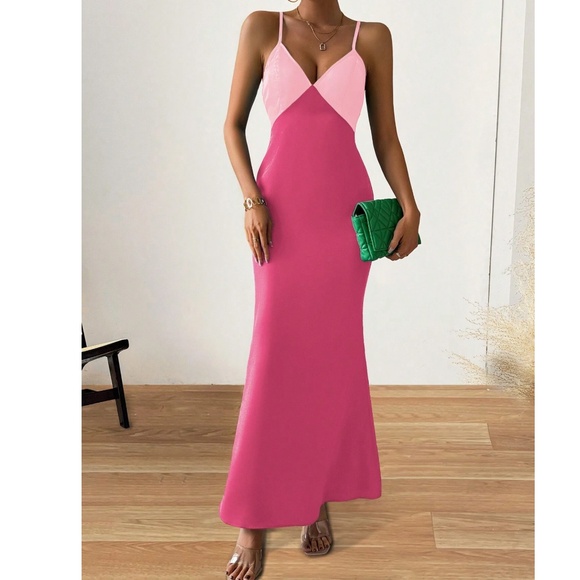 Colorblock Plunging Neck Zipper Cami Strap Slip Maxi Dress - Picture 6 of 7